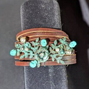 Betsey Johnson Leather Wrap Bracelet – Patina Floral & Turquoise Skulls